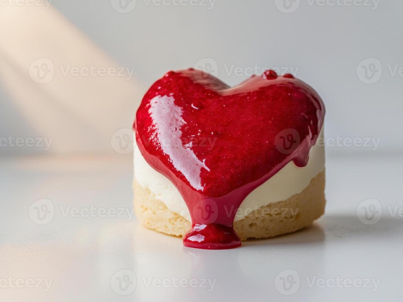A heart shaped cake with red icing on top photo