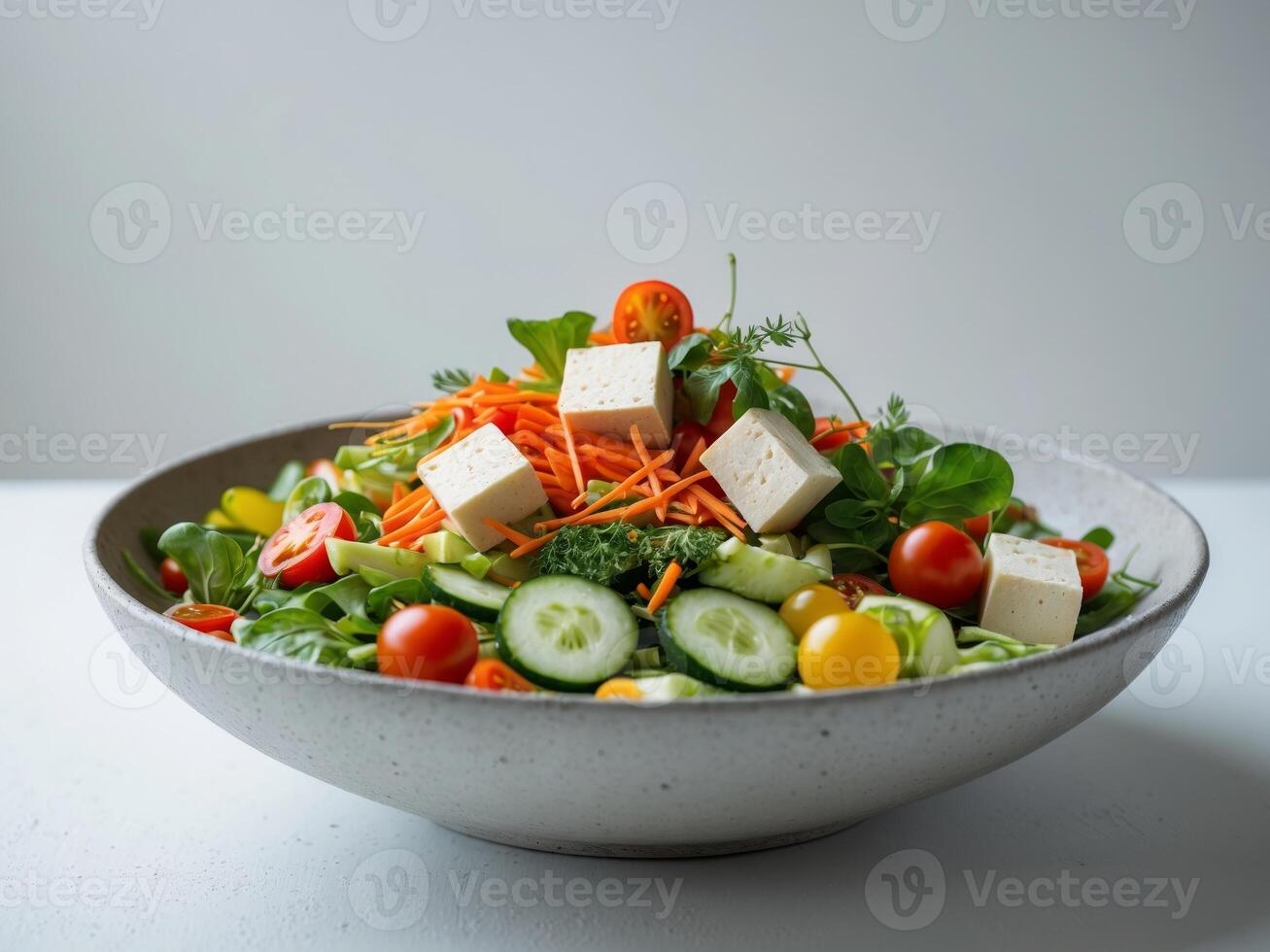 A bowl of salad with tofu, carrots, cucumbers, tomatoes and other vegetables photo