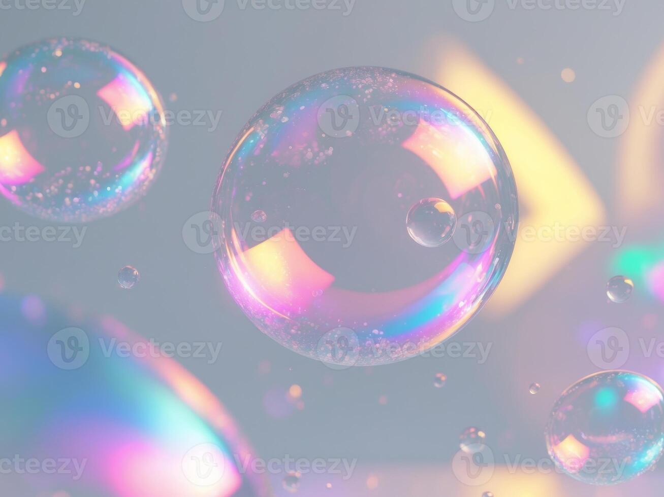 Bubbles floating in the air with colorful lights photo