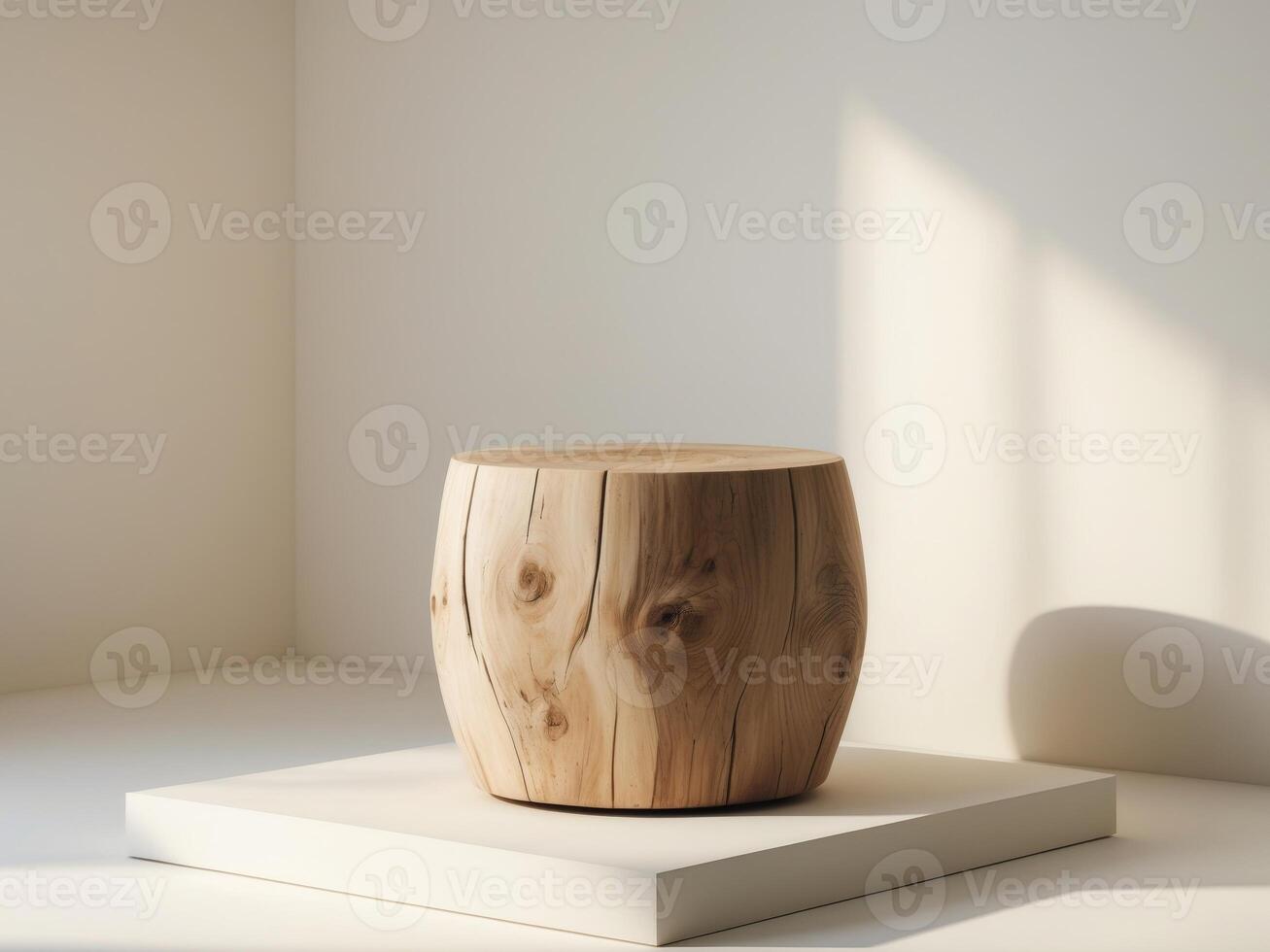 A wooden stool sitting on a white table photo