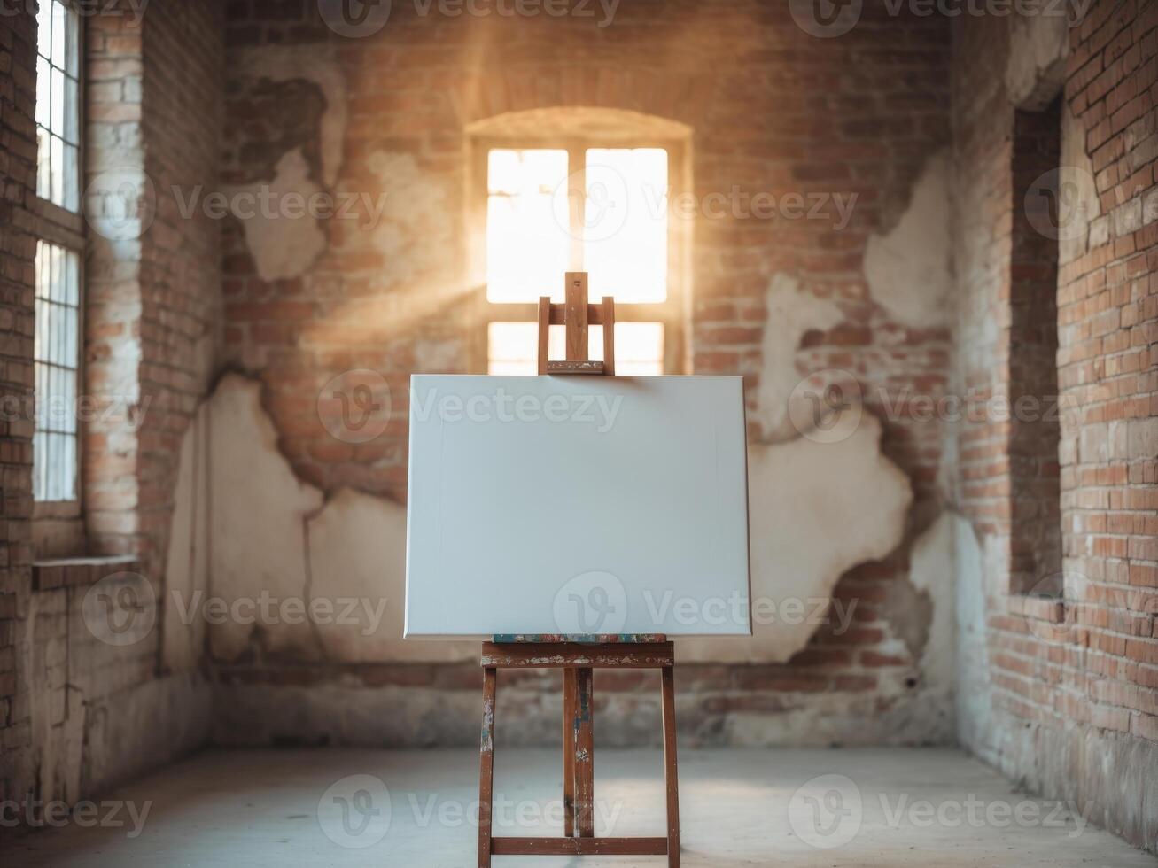 An easel with a blank canvas in an old building photo