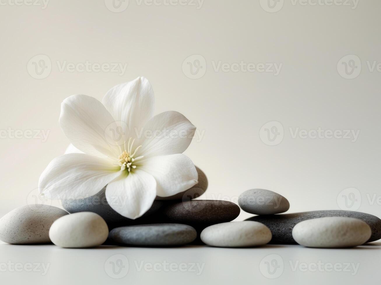 a white flower sitting on top of a pile of rocks photo
