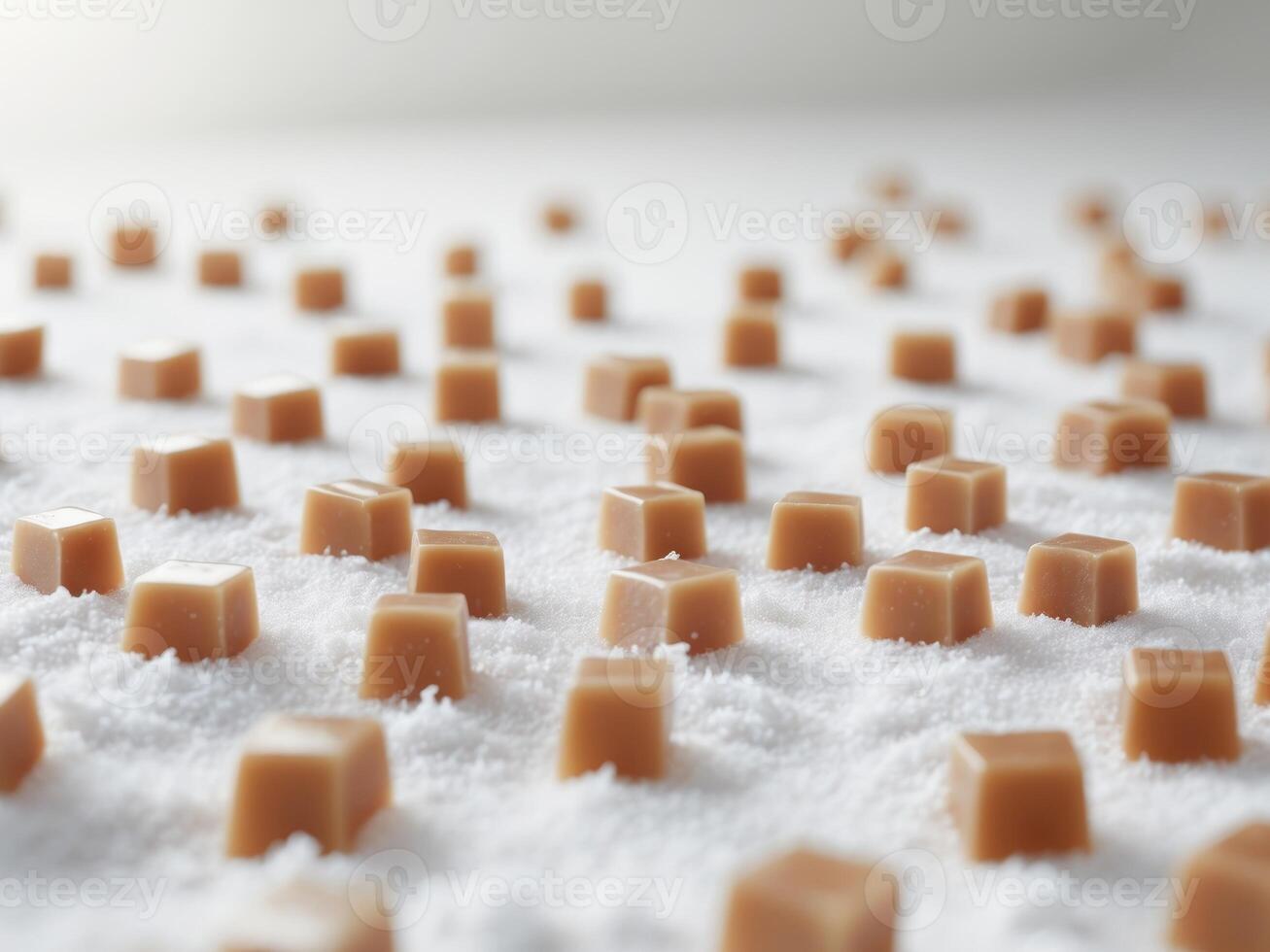 Small squares of caramel candies scattered across a white surface. photo