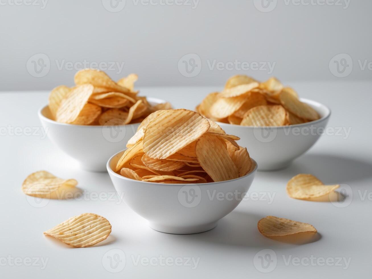 Three bowls potato chips are arranged triangular formation on white photo