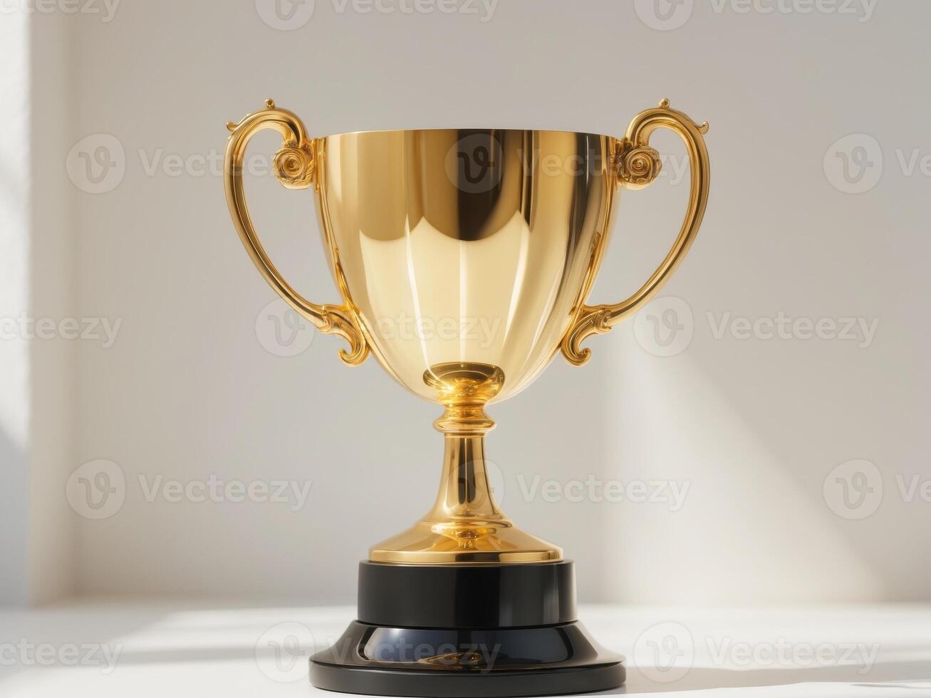 Golden trophy black pedestal shape cup two handles Champion. photo