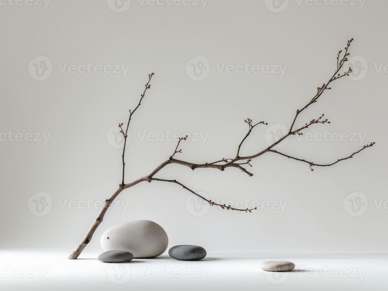 Digital art piece that features branch small white Neutral background with stones photo