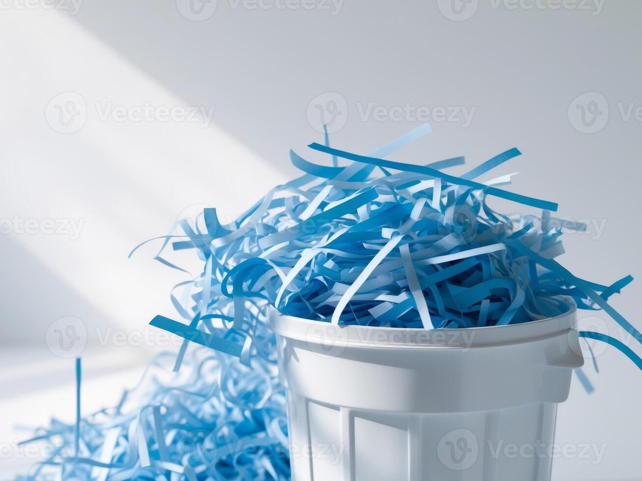 White plastic trash can filled shredded paper blue Efficient doc photo