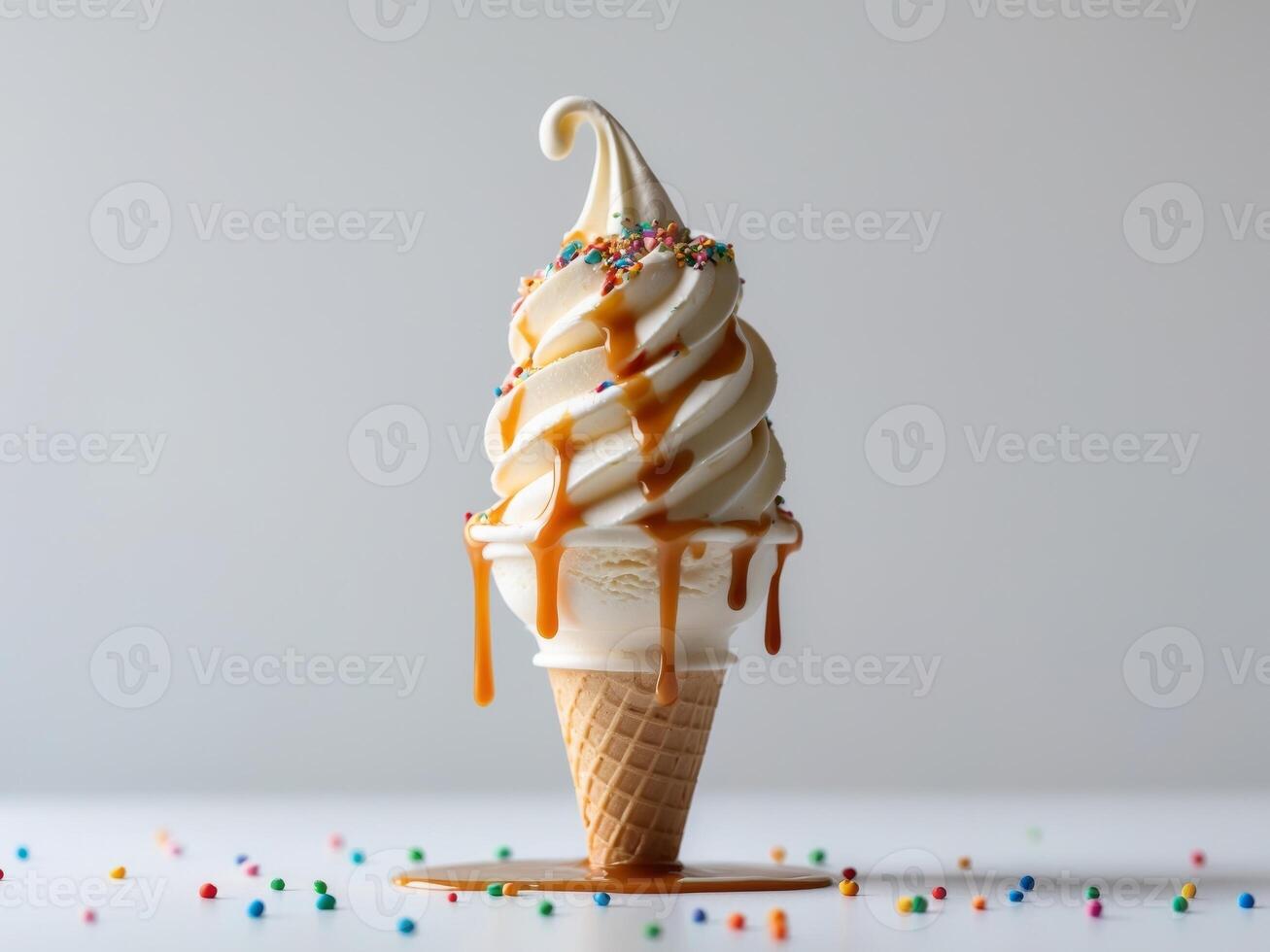 Melting Soft Serve Ice Cream with Caramel and Sprinkles. photo
