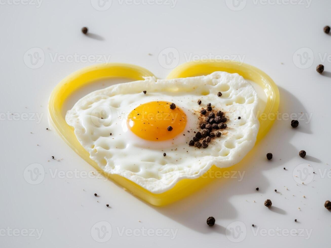 Fried egg shaped like a heart with pepper photo