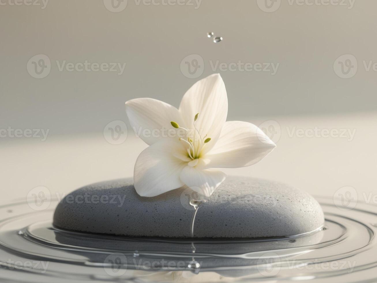 White Flower Floating on Stone with Dripping Water in Peaceful Setting. photo