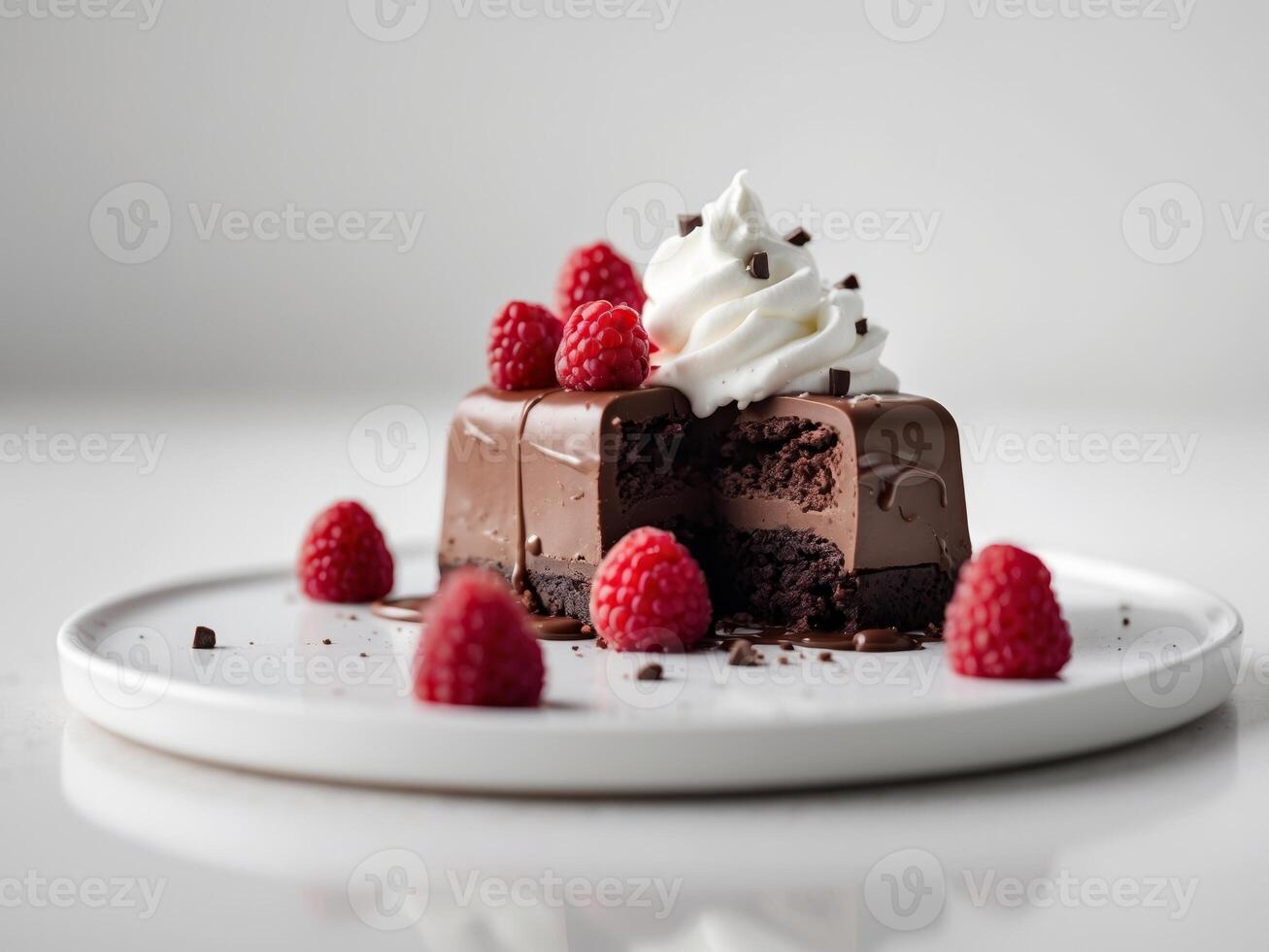 Scrumptious Chocolate Dessert with Whipped Cream and Raspberries photo