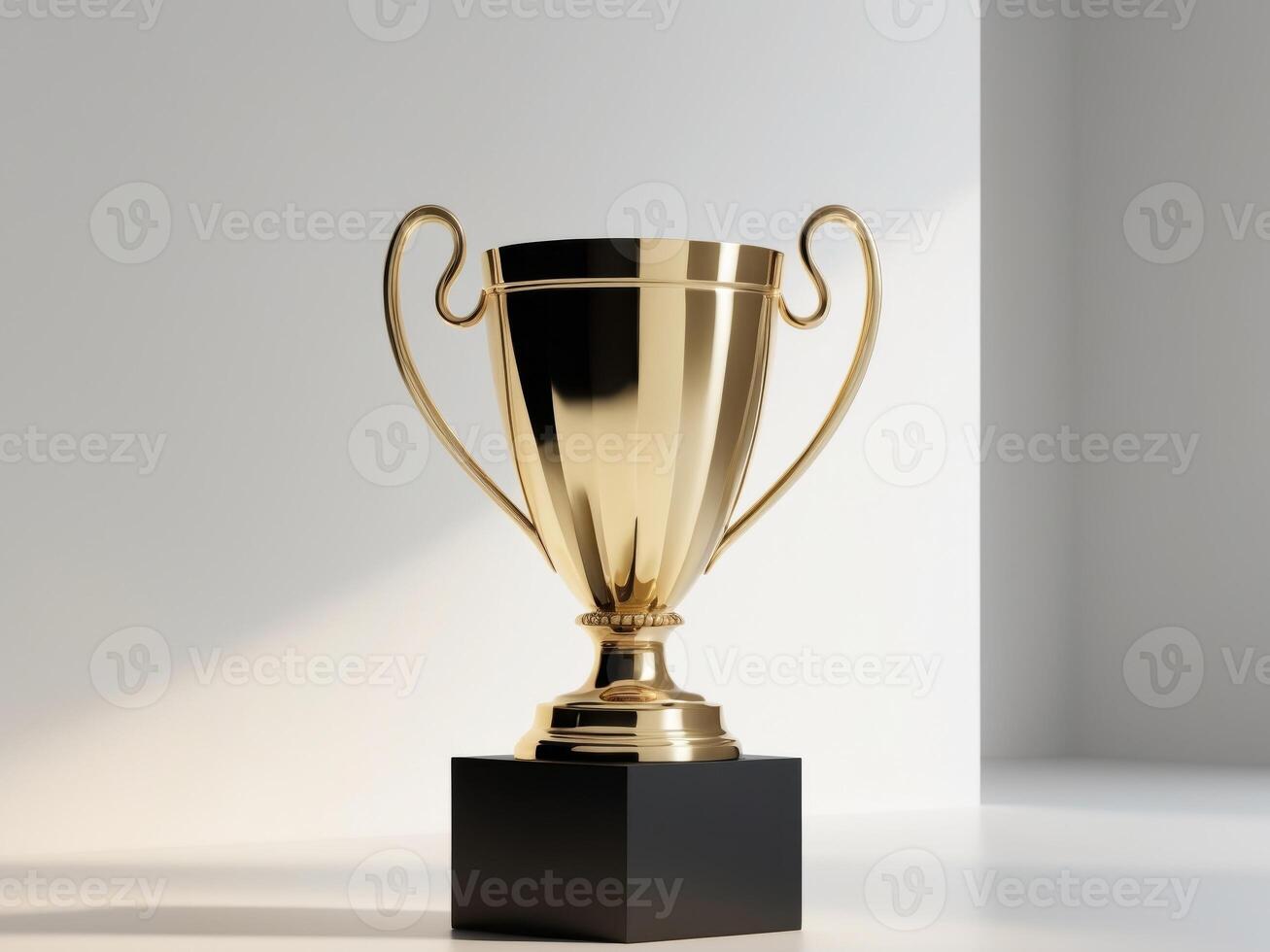 Golden trophy black pedestal is shape cup two Champion. photo