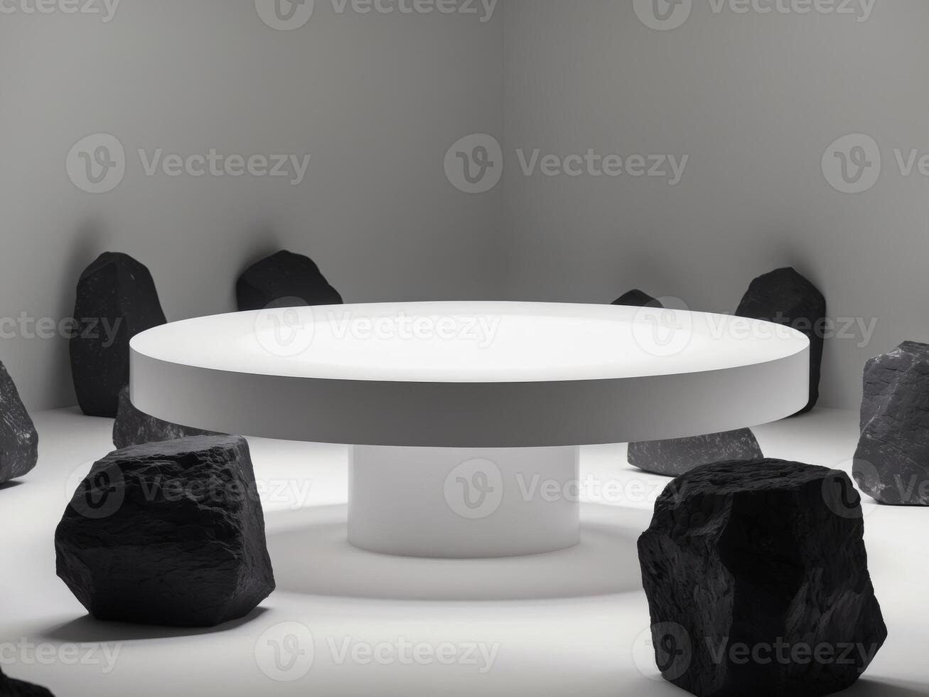 A white table surrounded by black rocks photo