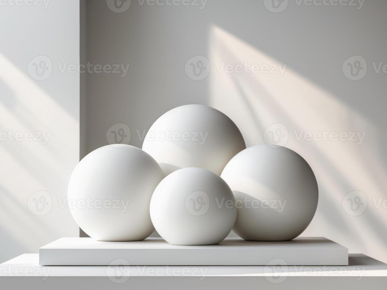 Three white round objects surface are arranged triangular minimal podium display photo
