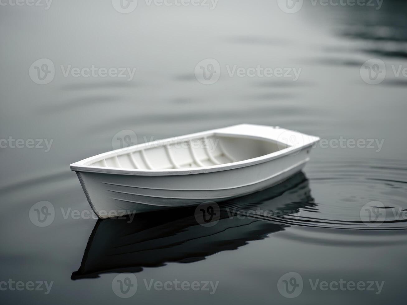 A small white boat floating on top of a body of water photo