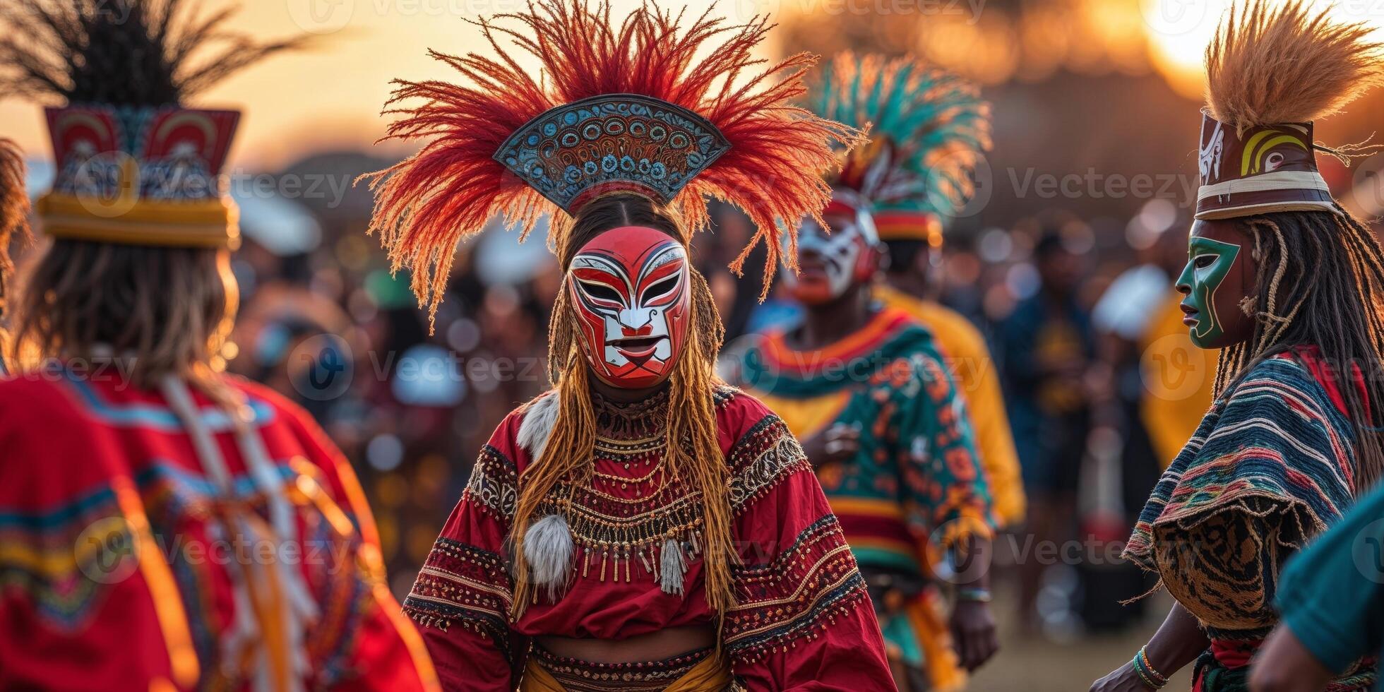 A group of people in colorful costumes at sunset photo