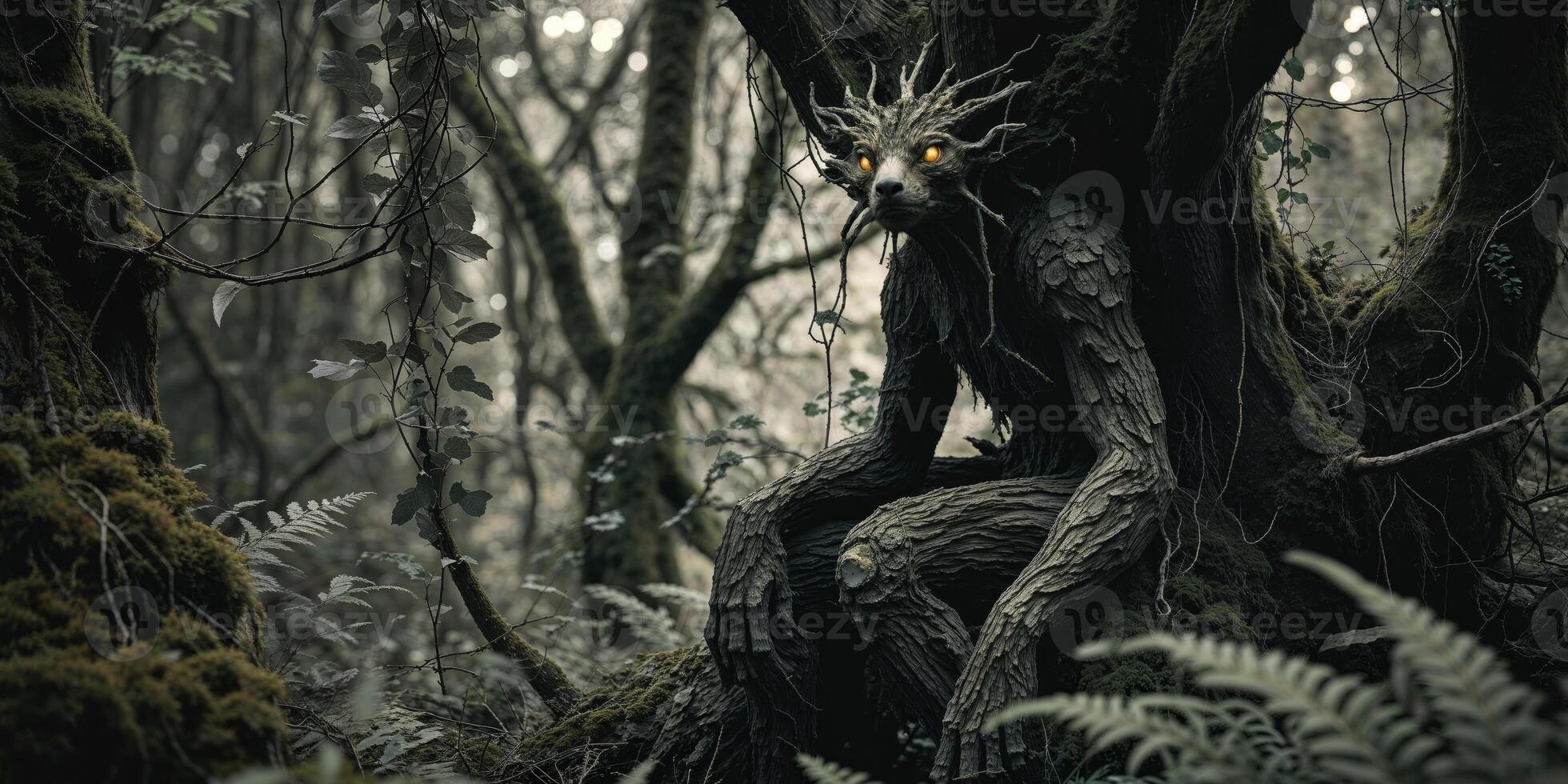 A tree with a face sitting in the middle of the forest photo