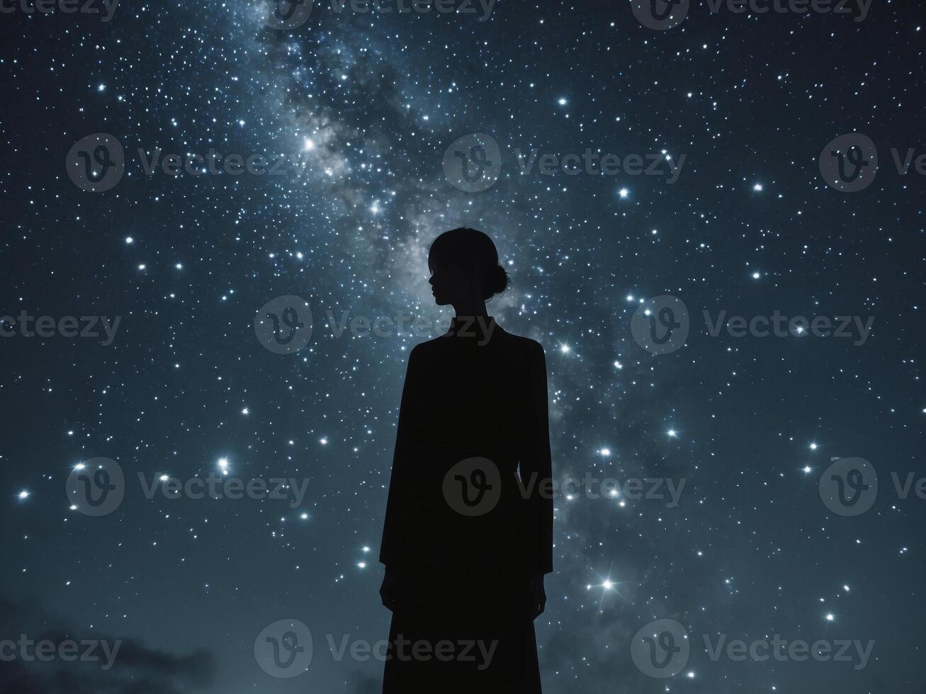 A silhouette of a woman standing in front of a starry sky photo