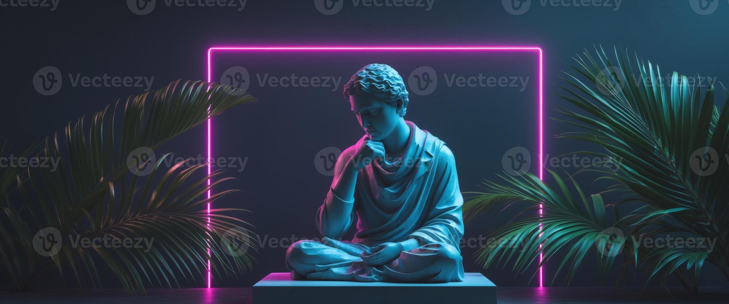 A statue of buddha sitting in a dark room with neon lights photo