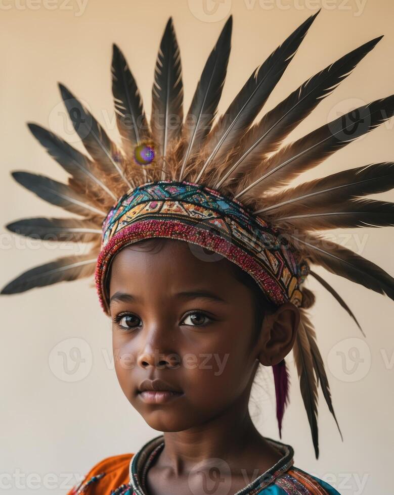 A young girl wearing a headdress with feathers photo