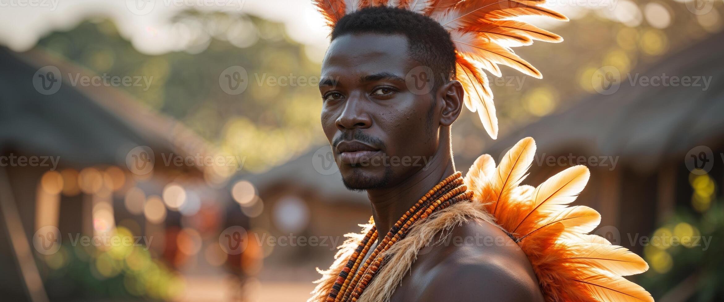 African Man Feathered Attire Village Ceremony. photo