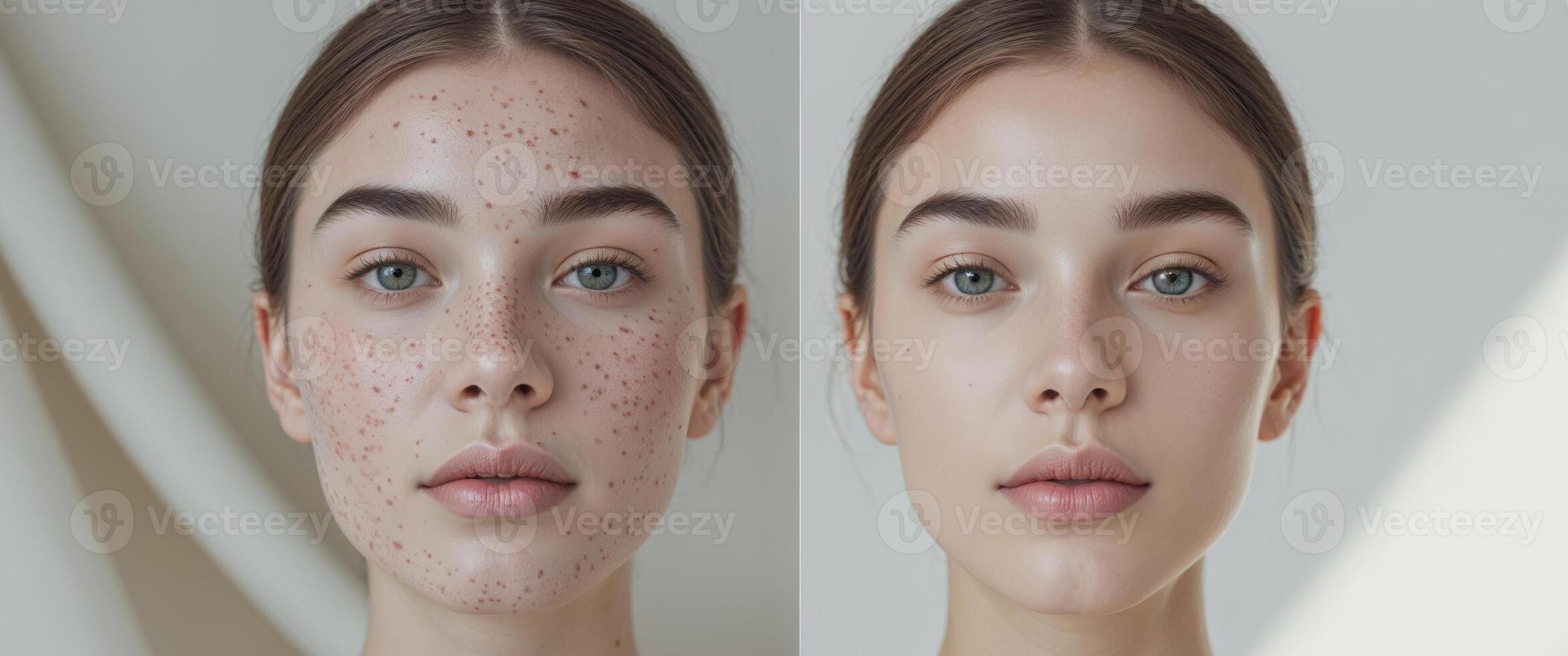 Before and after slider showcasing acne skin smoothing transformation. photo