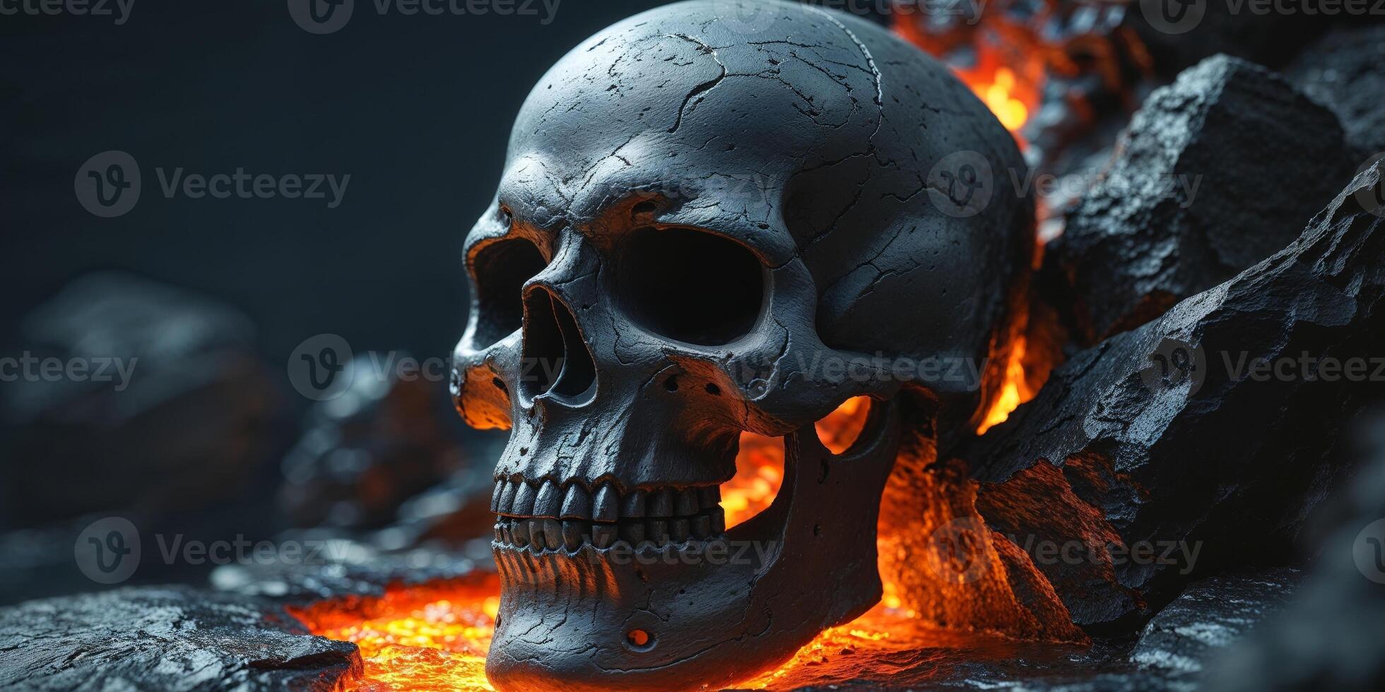 A striking sculpture of a pirate skull emerging from glowing molten rock in a dark setting. photo