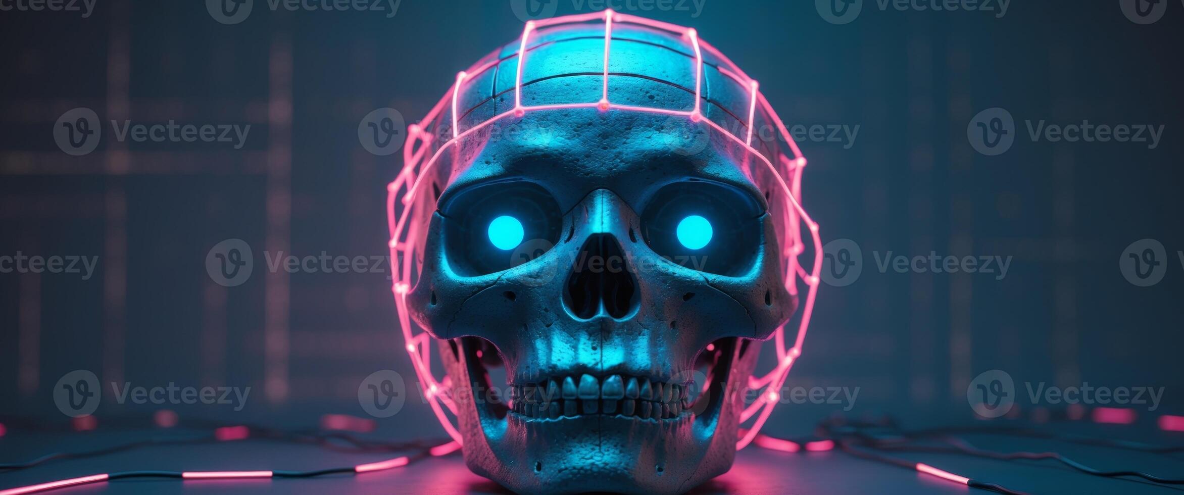 Futuristic Skull with Glowing Eyes and Neon Lights in Cyberpunk Style photo
