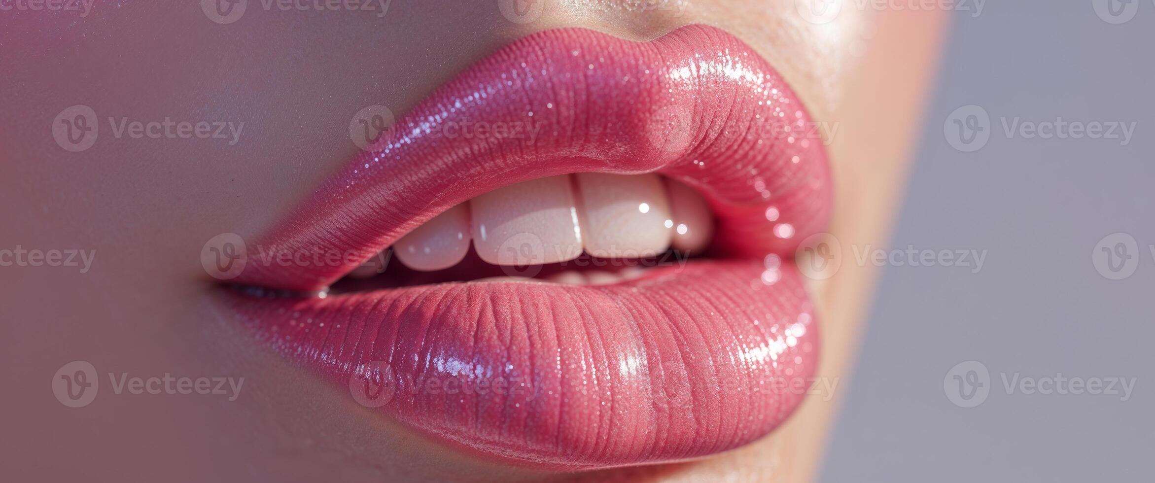 Luscious Pink Lips with Glossy Shine Enhanced by Vivid Illumination and Subtle Dental Display photo
