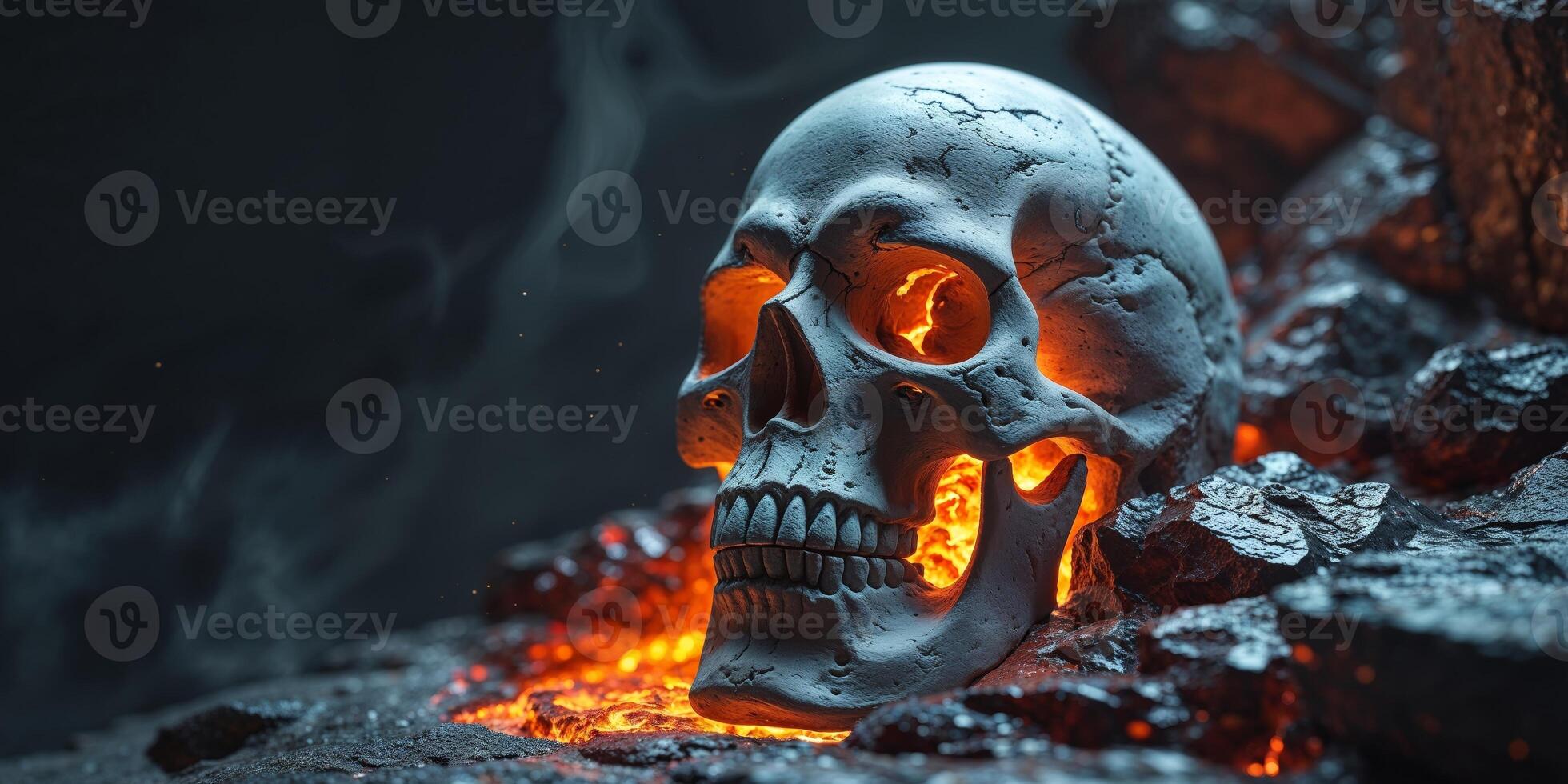 A striking sculpture of a pirate skull emerging from glowing molten rock in a dark setting photo
