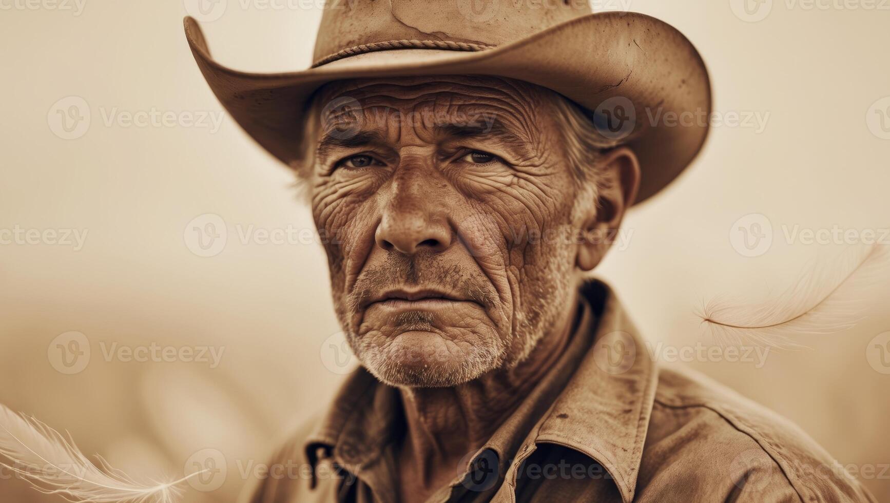 Old cowboy with weathered face in sepia tones photo
