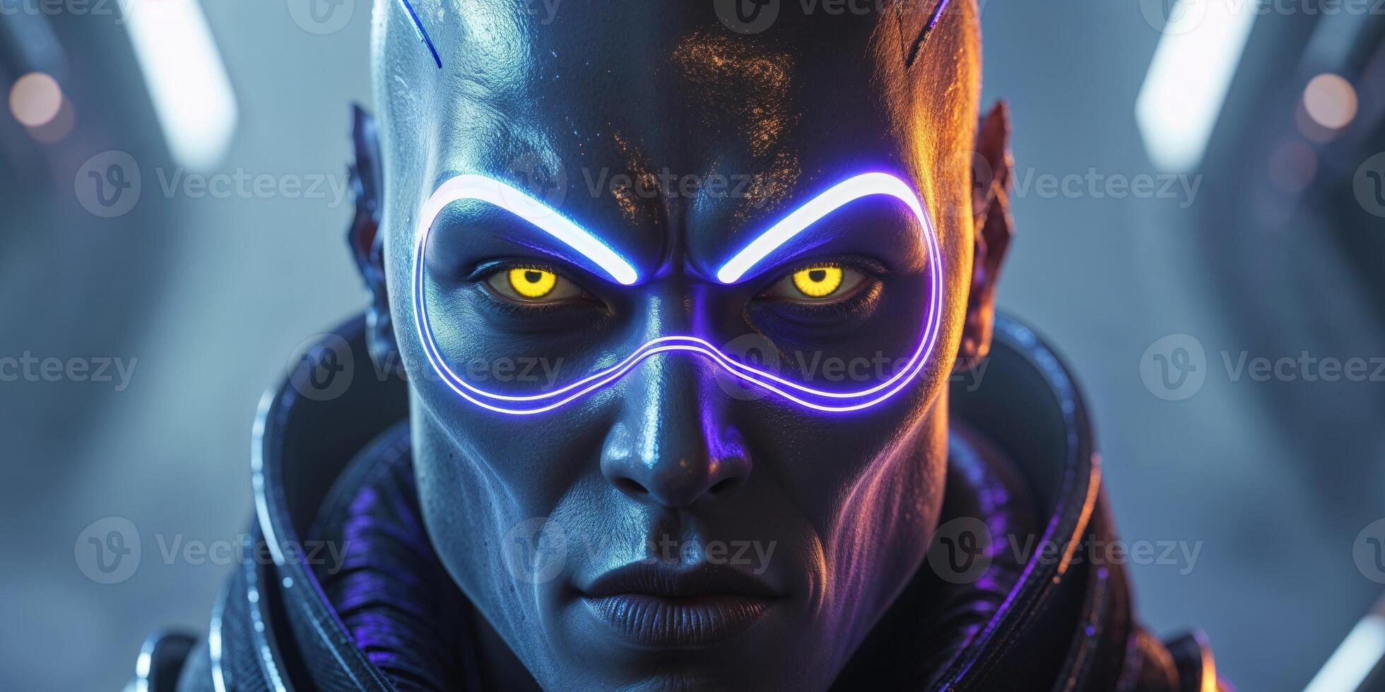Fierce Alien Warrior s Neon Lit Face Radiating Extraterrestrial Intensity photo