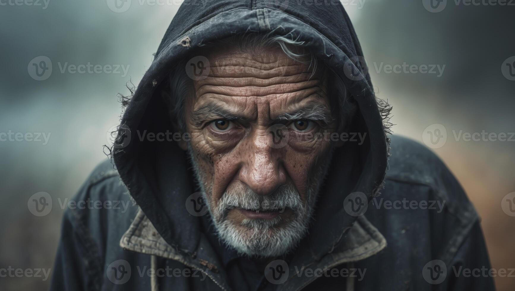 A weathered elderly man with intense eyes staring forward from under a dark hooded jacket in a moody and mysterious outdoor setting photo