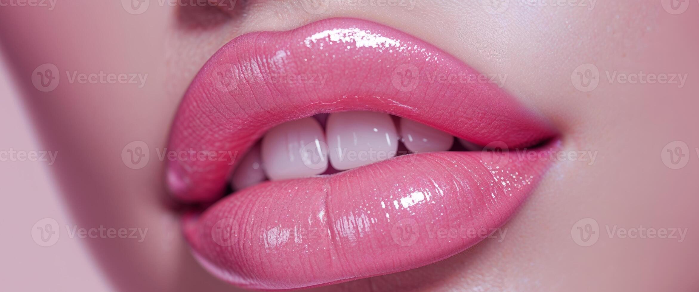 Luscious Pink Lips with Glossy Shine Enhanced by Vivid Illumination and Subtle Dental Display. photo