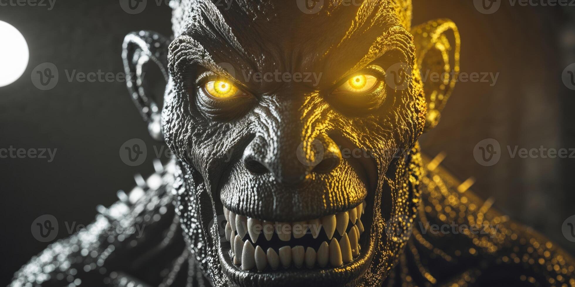 A close up of a monster's face with a yellow light shining on it. photo