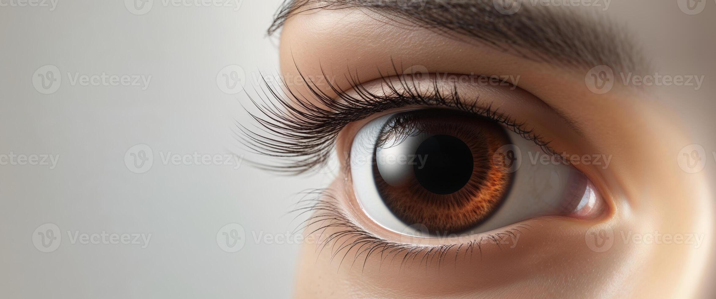 A close up of a large brown eye with a dark pupil. photo