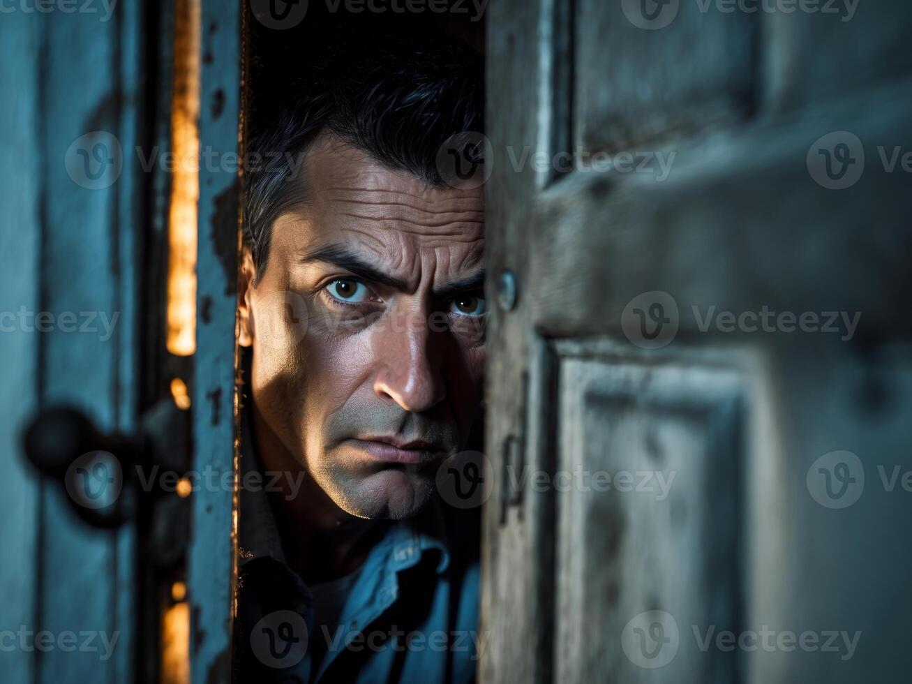 Curious man peeking through a door with an intense expression in a dimly lit room. photo