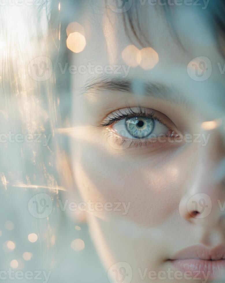 Eye Captured Behind Glass with Light Reflection and Soft Focus photo