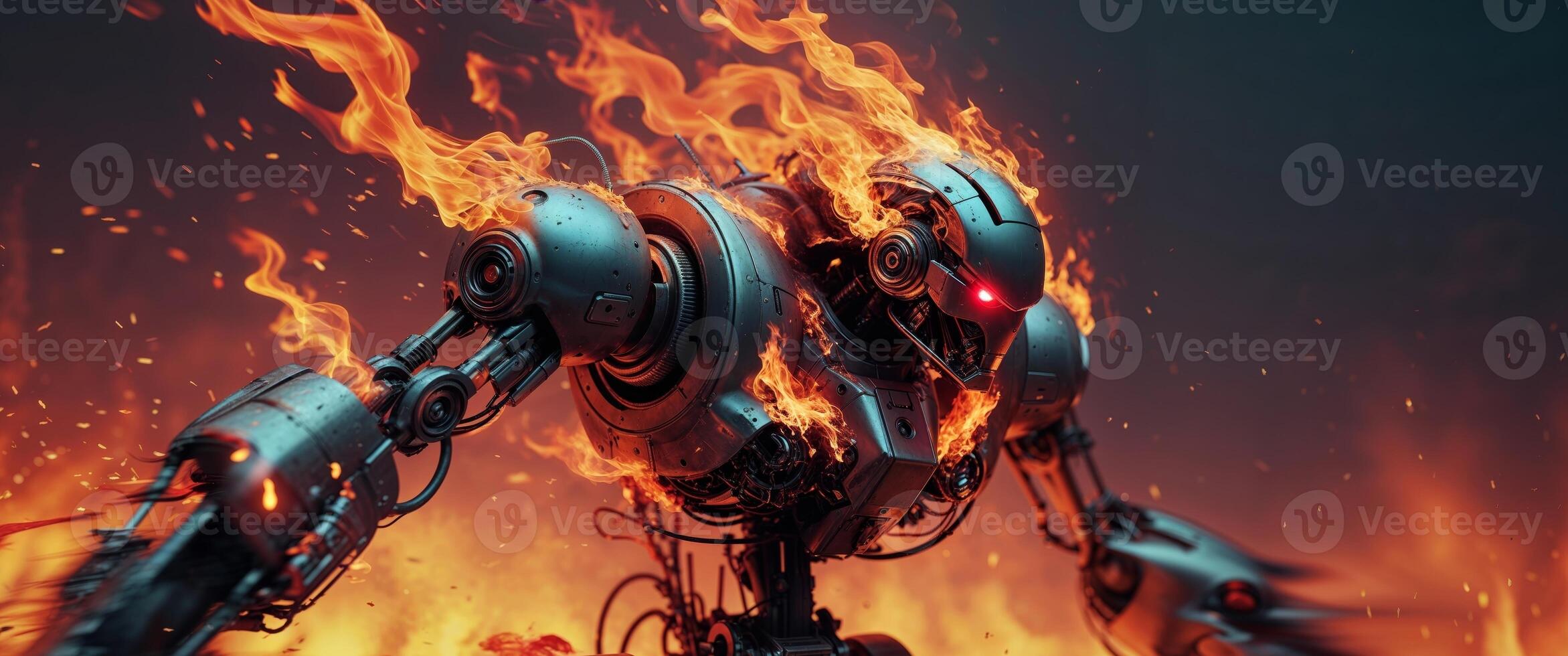 Fiery Robotic Figure Enveloped In Blazing Inferno. photo