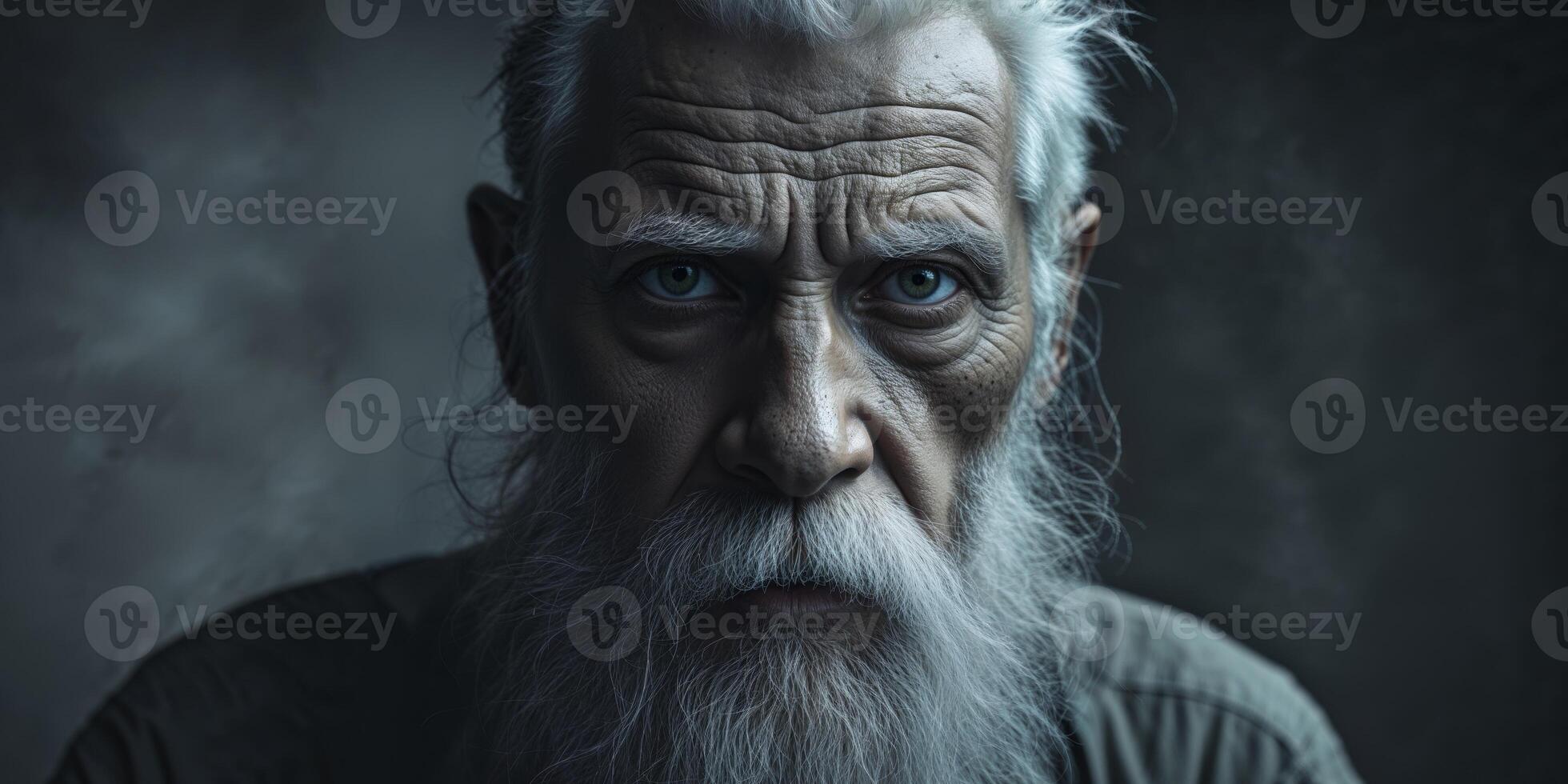 Intense gaze of an elderly man with a beard in a dark setting photo