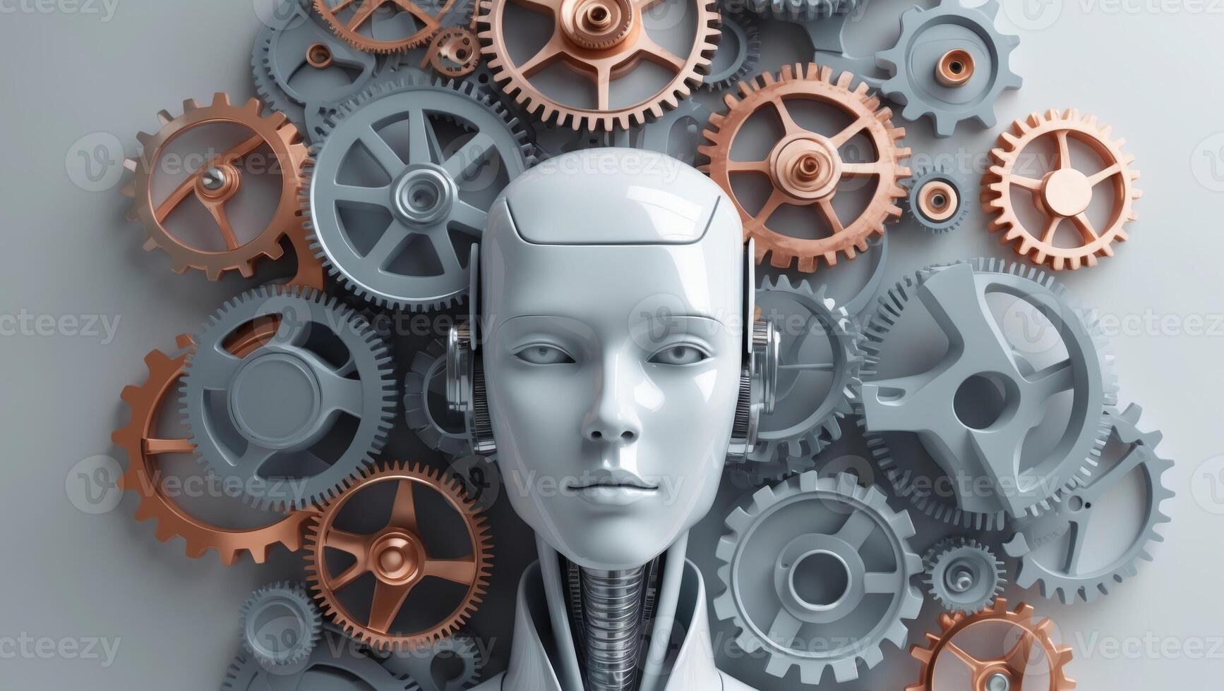 Decorative wall art piece featuring an abstract representation of a robotic head surrounded by intricate gears. photo