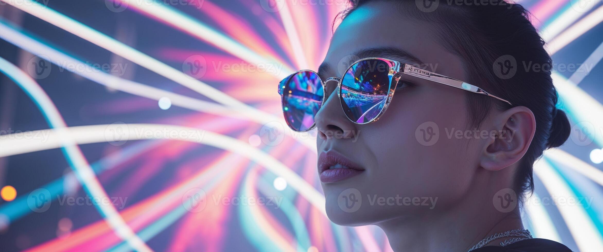 Person Wearing Sunglasses with Reflections of a Colorful Concert Stage photo