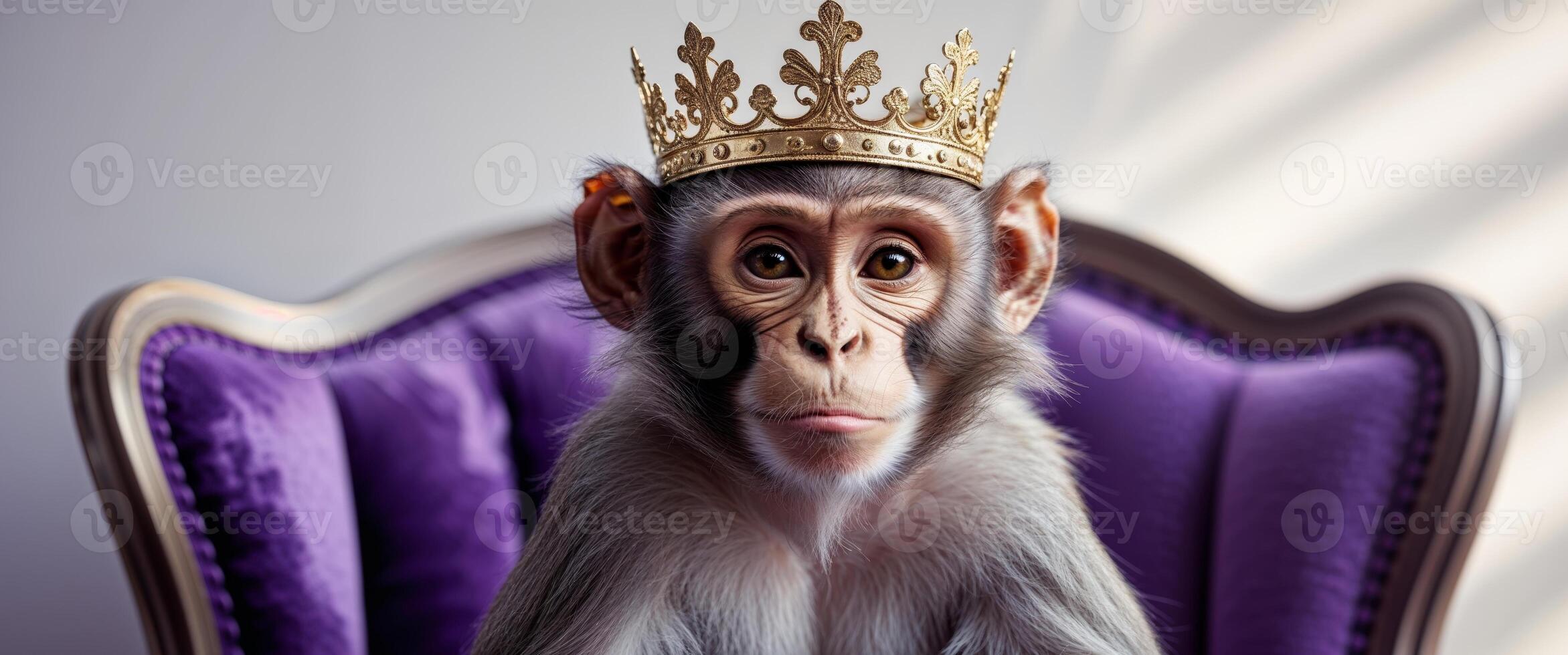 an adorable monkey wearing a golden crown sitting in a violet throne. photo