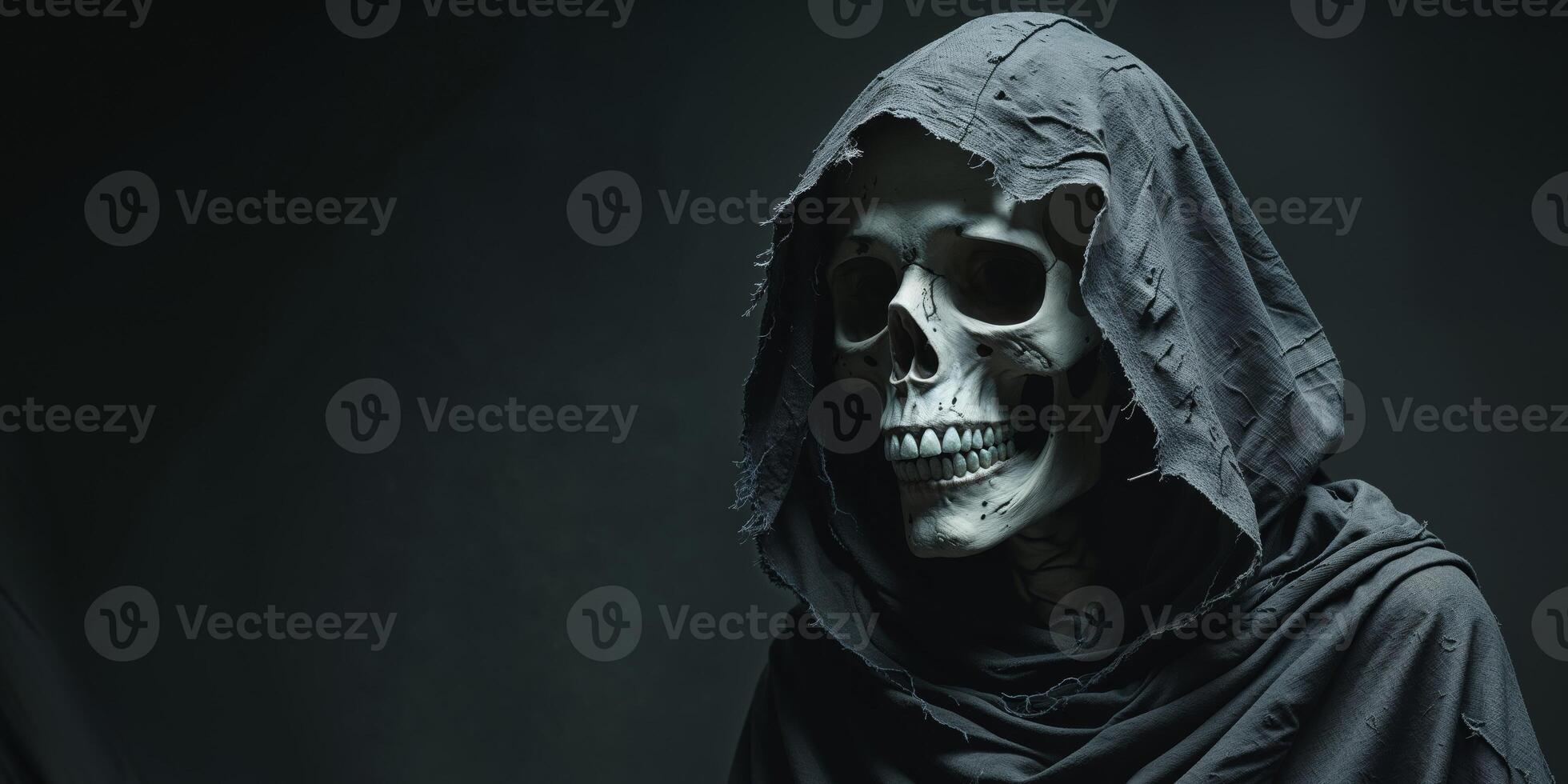 Eerie Skull Figure with Hooded Cloak in Dark Setting. photo