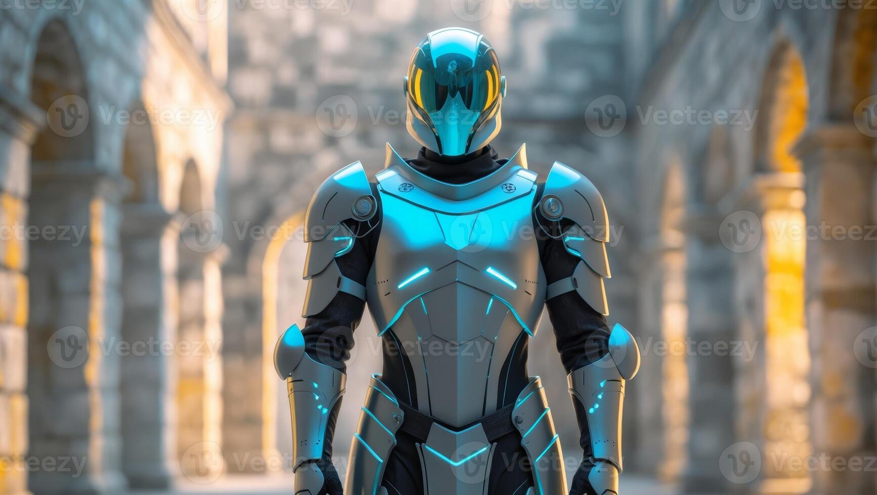 Futuristic knight in glowing blue armor standing in a historic stone building photo