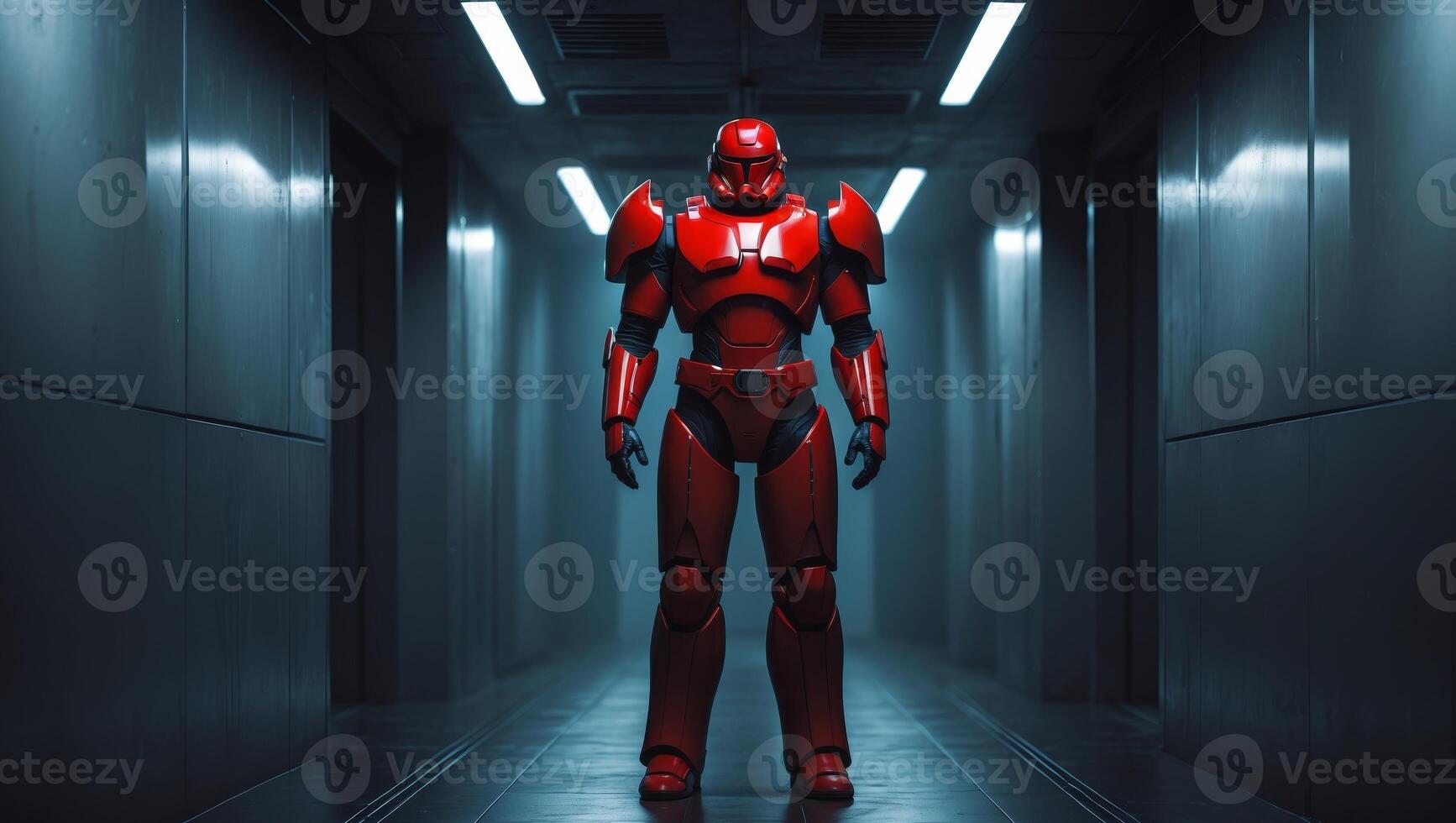 Red Armored Figure Stands in a Dark Metallic Corridor. photo