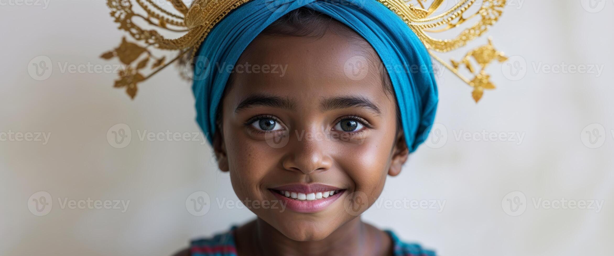 A tight shot of a child donning a blue turban and golden headdress atop her head. photo