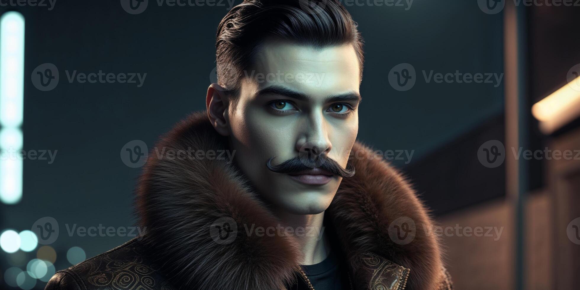 Neon Nights Stylish Man with Mustache in Fur Collar Jacket photo