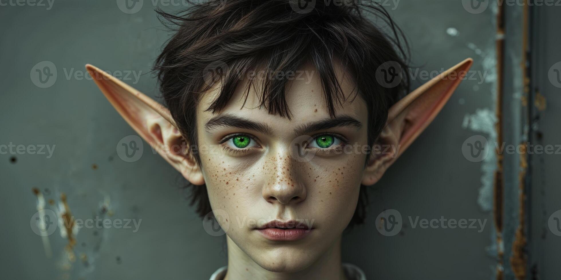 In front of a wall stands a youthful individual with pointed ears typical of an elf. photo
