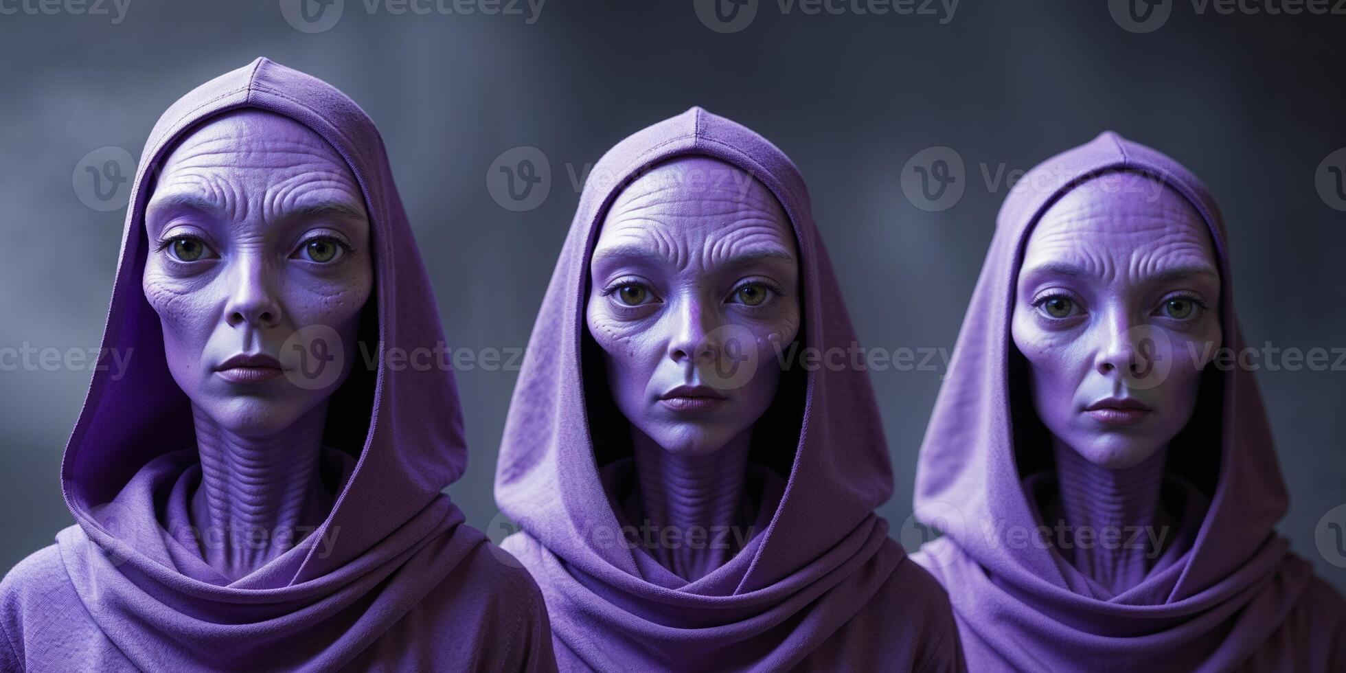 Three purple extraterrestrial beings with unique features and hooded attire. photo